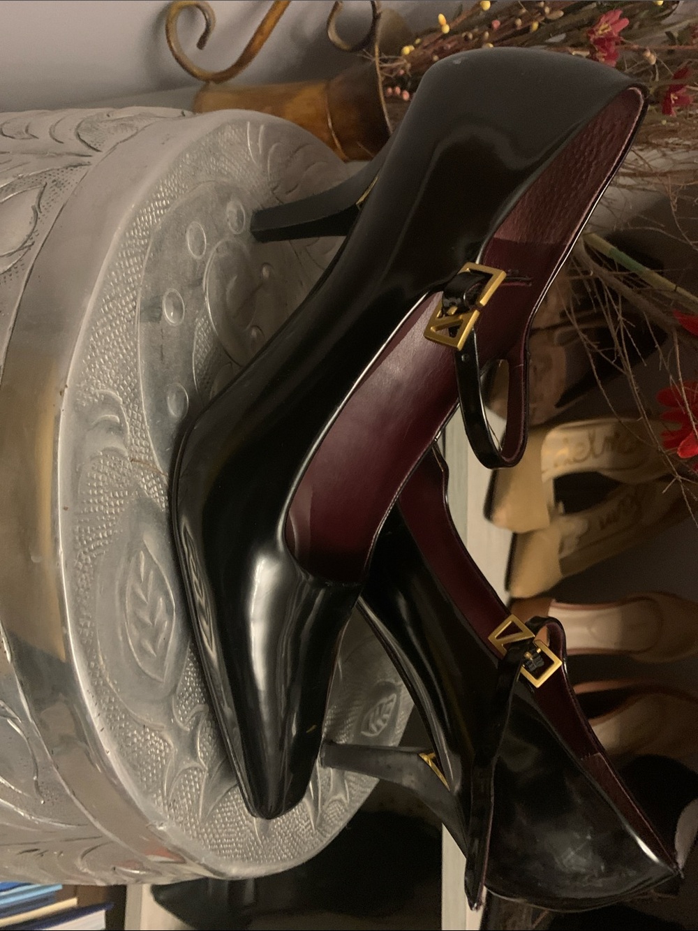 Franco Sarto Black Patent Mary Jane Pumps with Burgundy Trim